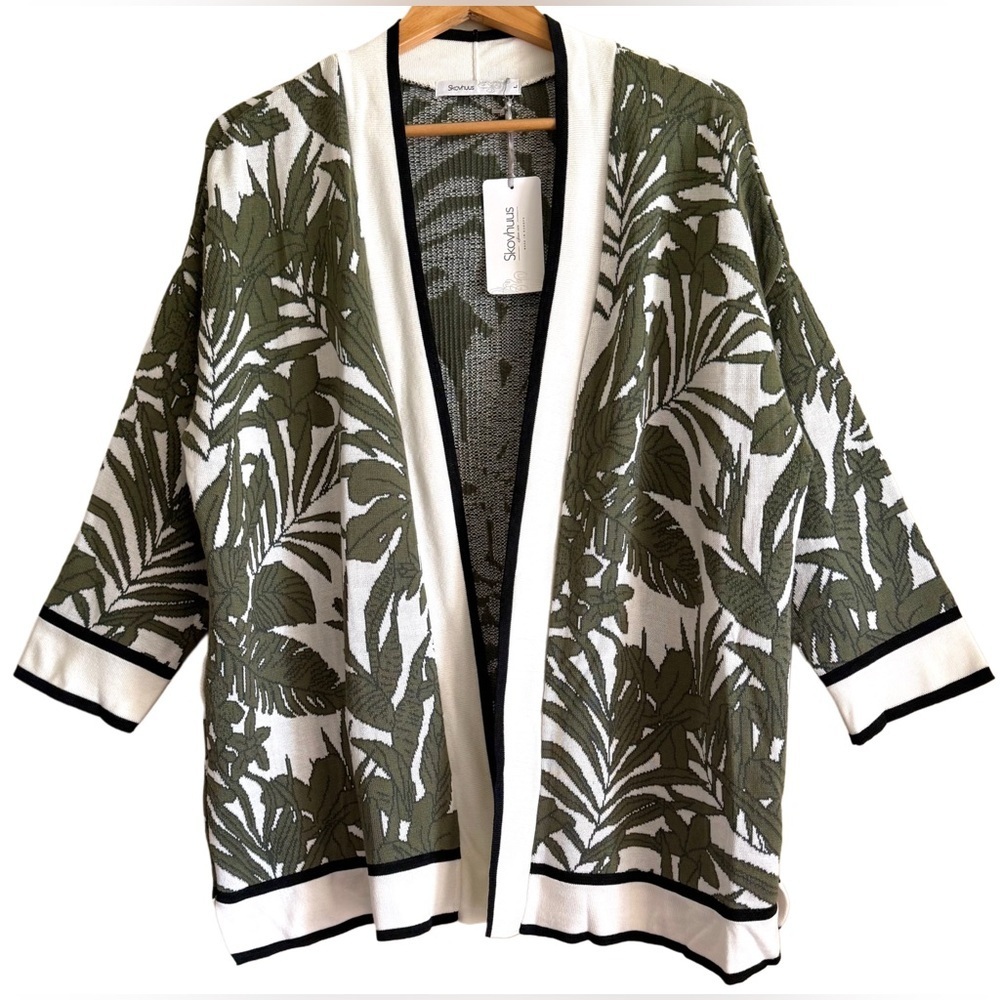 SKOVHUUS Cotton Blend Tropical Colorful Open Front Knit Cardigan Sweater L NWT